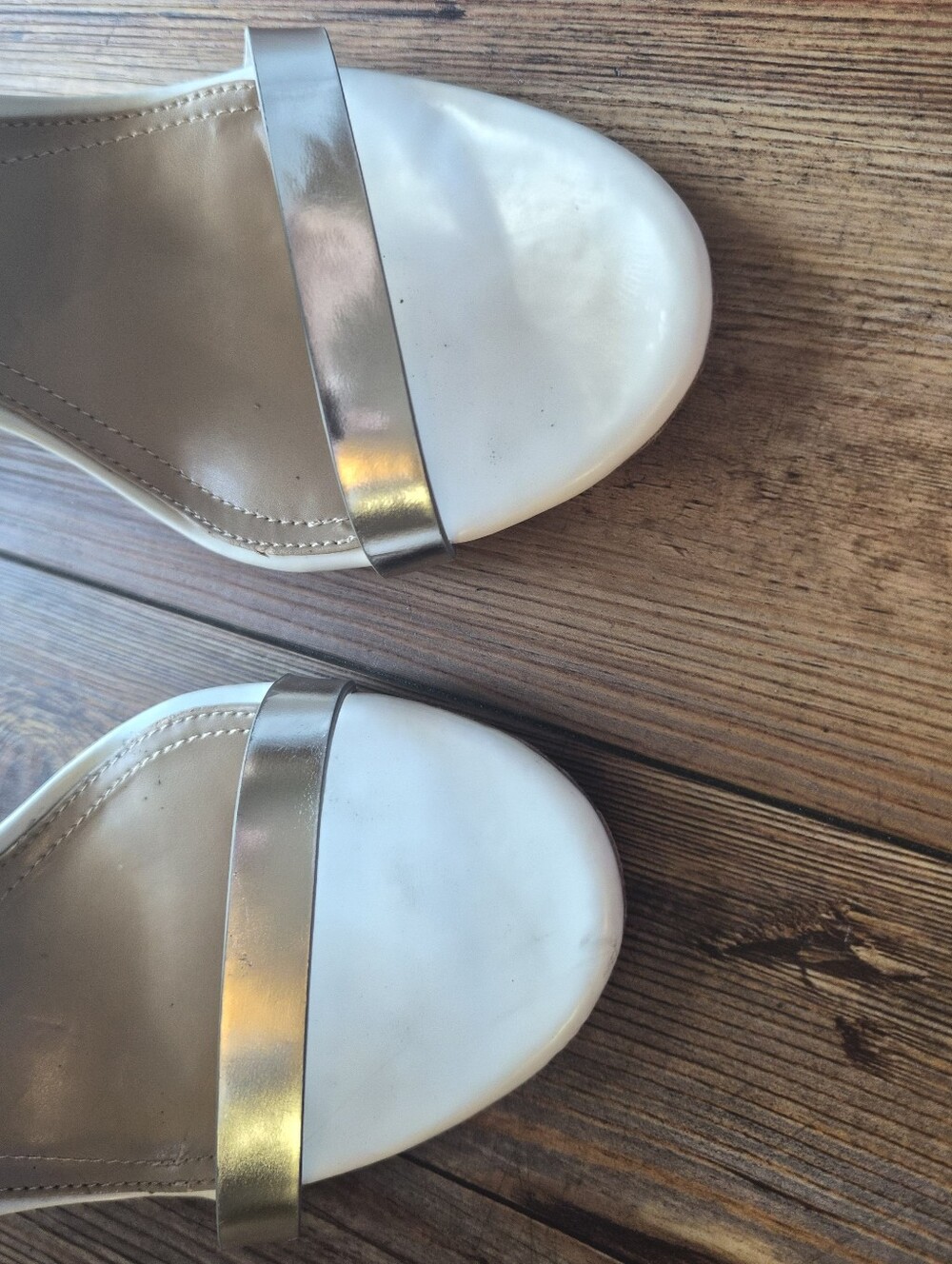 BCBGMaxAzria Vanny White and Metallic Silver Wedge Sandals- Size 10 - Picture 3 of 11